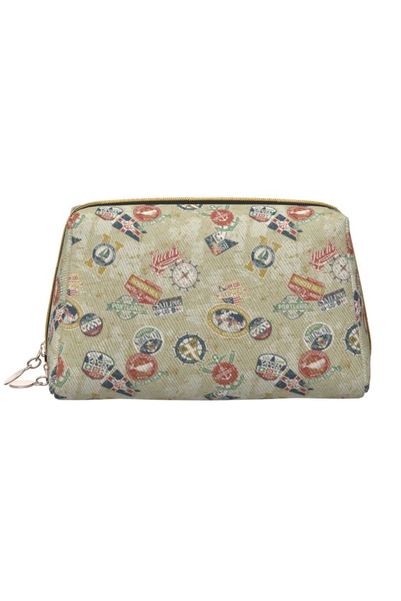 Marine Sailing Badges Print Leather Makeup Bag Make Up Bag Travel Toiletry Bag for Her Girlfriend Teacher Teen Girl Gifts