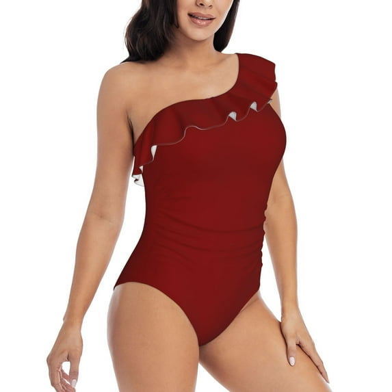 Picia Maroon Pattern Women's One Piece Swimsuits,One Shoulder Swimwear Asymmetric ,Ruffle Monokinis Bathing Suits,High Waisted Flattering Bathing Suits-X-Large