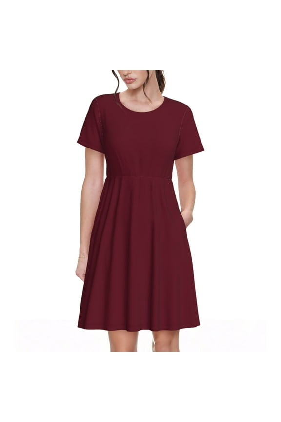 Maroon Pattern Women's Short Sleeve Summer Dress Pleated Loose Swing Knee Length Short Sleeve Swing Dresses