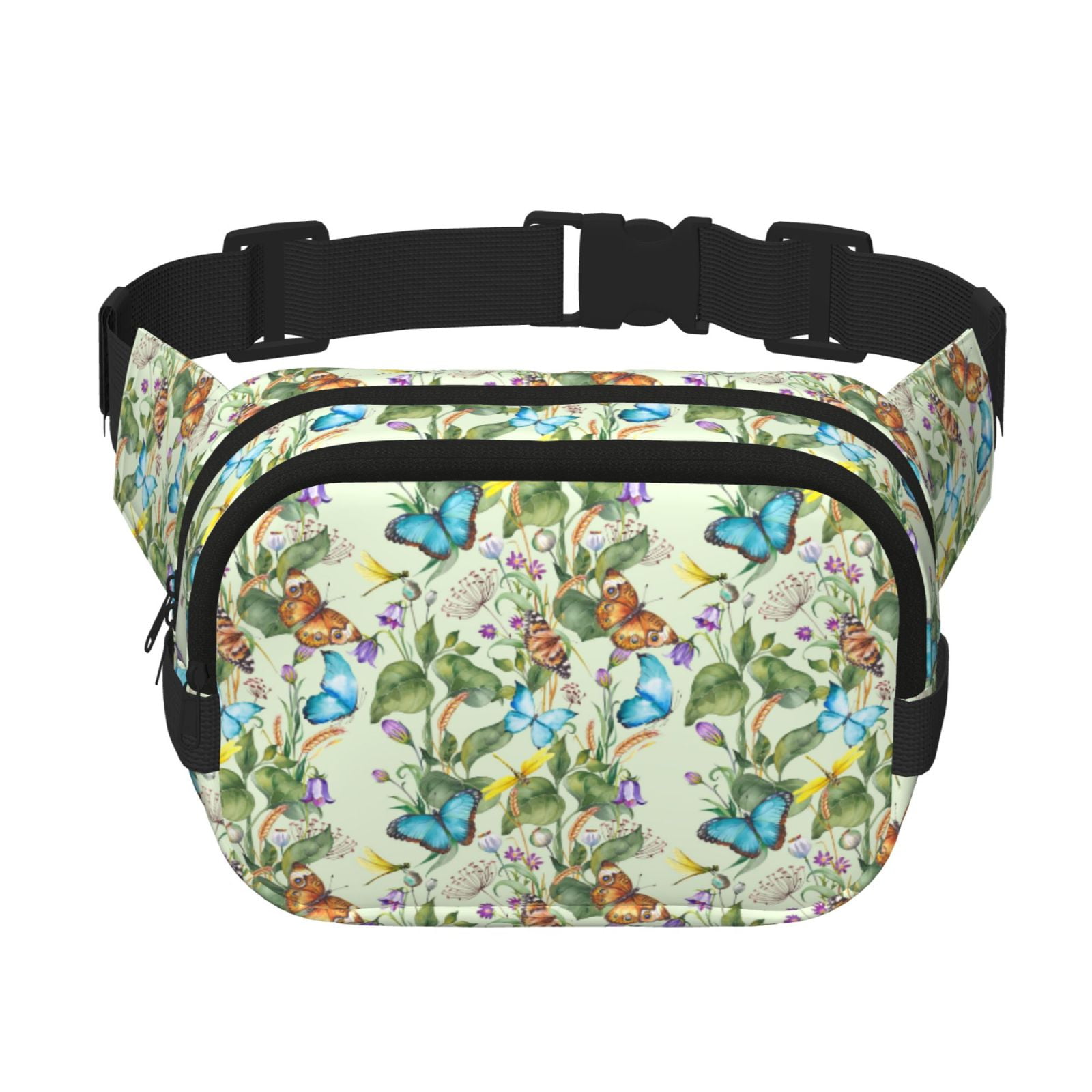 Picia Meadow Plants And Butterflies Print Square Double-Layer Waist Bag Mini Adjustable Waist Belt Bag Exercise Running Travel Hiking