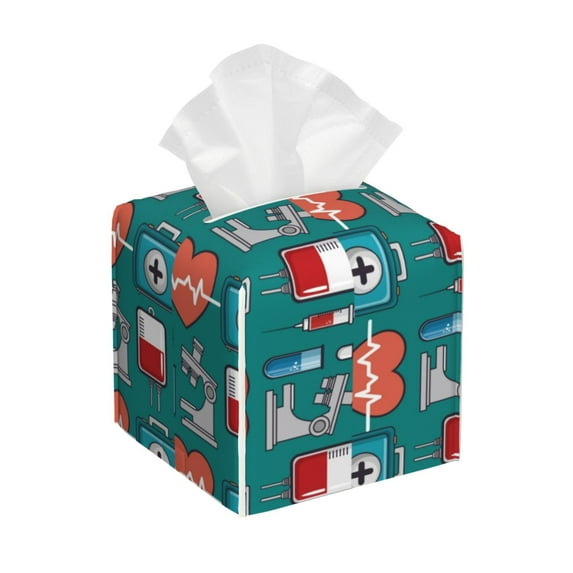 Picia Medical Elements Pattern Tissue Box Cover,PVC Leather Square Holder,Tissue Box Holder with Magnetic Bottom,Facial Paper Organizer Dispenser-5.2"X5.2"X5.2"