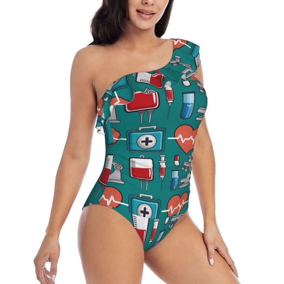 Picia Medical Elements Pattern Women's One Piece Swimsuits,One Shoulder Swimwear Asymmetric ,Ruffle Monokinis Bathing Suits,High Waisted Flattering Bathing Suits-