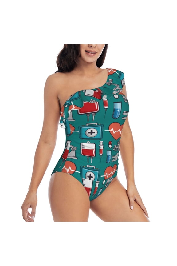 Medical Elements Pattern Women's One Piece Swimsuits,One Shoulder Swimwear Asymmetric ,Ruffle Monokinis Bathing Suits,High Waisted Flattering Bathing Suits-