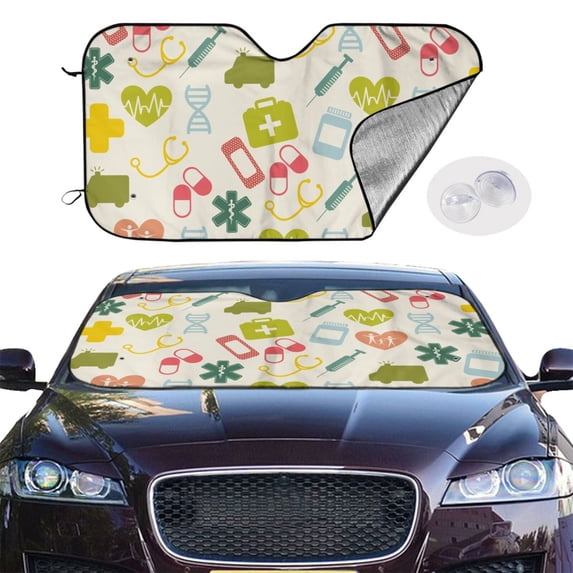 Picia Medical Icons Curved Windshield Sunshade Accordion Folding Style Auto Shade for Car Truck SUV Van Blocks UV Ray Sun Visor Protector -Small