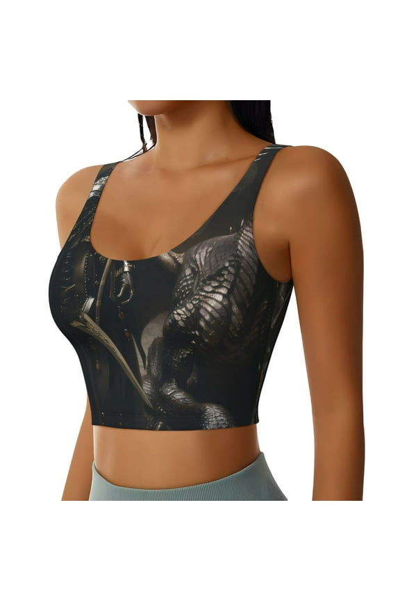 Medieval Knight And Dragon Sports Bra for Women,Padded Strappy Sports Bras Medium Support Yoga Bra with Removable Cups,Running Yoga Bra-XX-Large