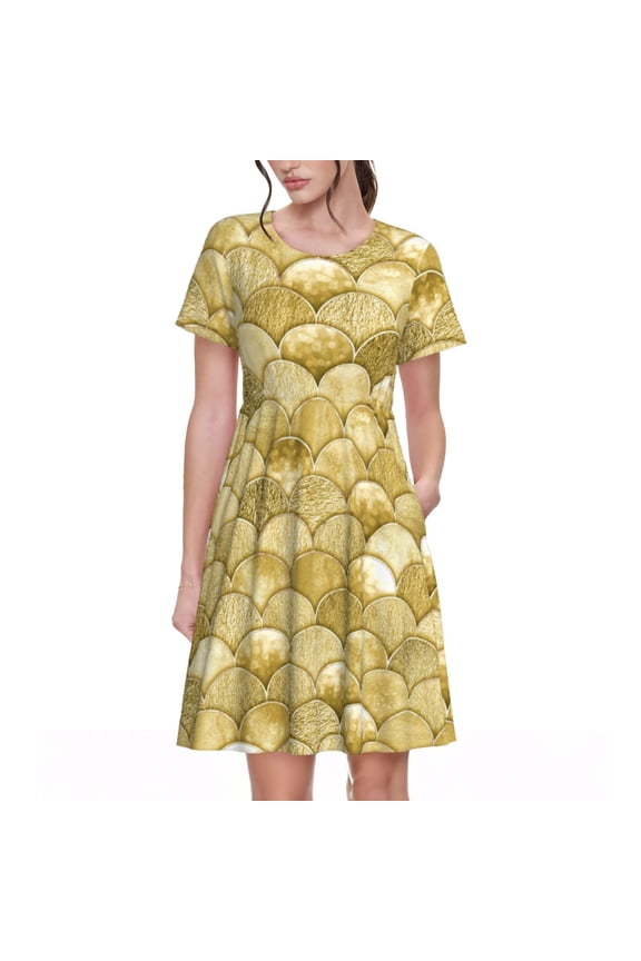 Mermaid Fish Scale Pattern Women's Short Sleeve Summer Dress Pleated Loose Swing Knee Length Short Sleeve Swing Dresses