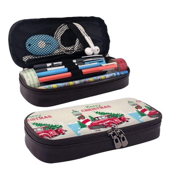 Picia Merry Christmas 1 Pattern Large Capacity PU Leather Pencil Case Organizer Pen Marker Holder Double Zipper Storage Bag Big Pencil Pouch for College Office