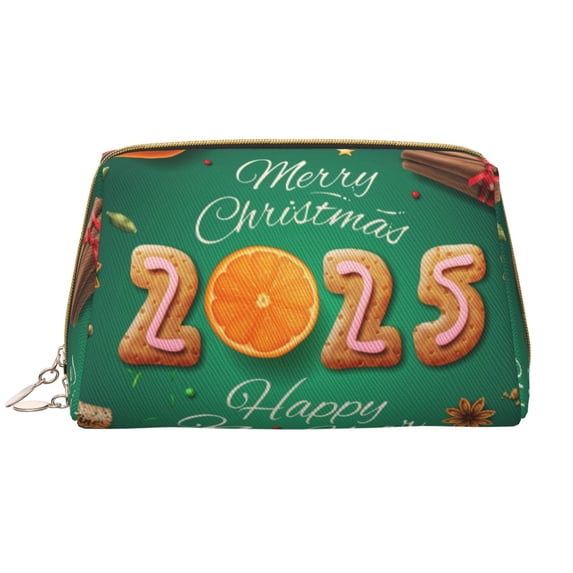 Picia Merry Christmas 2025 Print Leather Makeup Bag Make Up Bag Travel Toiletry Bag for Her Girlfriend Teacher Teen Girl Gifts
