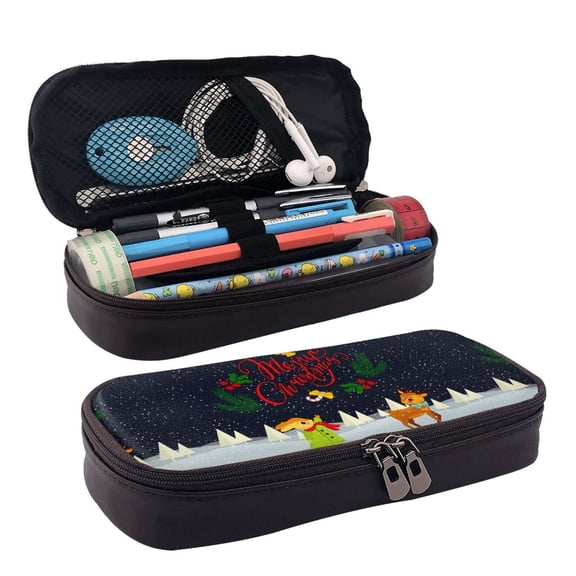 Picia Merry Christmas Elk Pattern Large Capacity PU Leather Pencil Case Organizer Pen Marker Holder Double Zipper Storage Bag Big Pencil Pouch for College Office