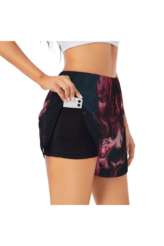 Mesmerizing Pink Jellyfish Pattern Women's 2 in 1 Athletic Running Shorts High Waisted Workout Casual Gym Sweat Shorts with Comfy Liner Zipper Pockets-Medium
