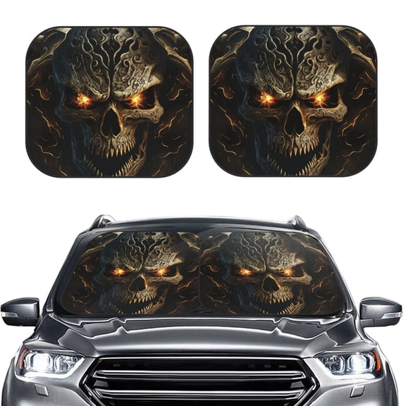 Picia Metal Evil Skull 2 Piece Car Windshield Sun Shade Foldable | Foldable Sun Shield for Front Window Blocks UV Rays and Keeps Your Vehicle Cool-Small