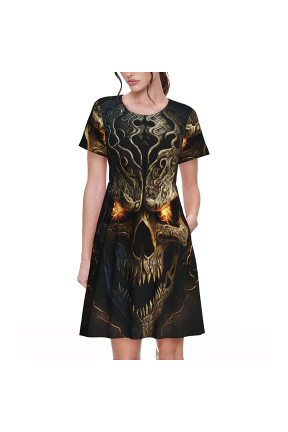 Metal Evil Skull Pattern Women's Short Sleeve Summer Dress Pleated Loose Swing Knee Length Short Sleeve Swing Dresses