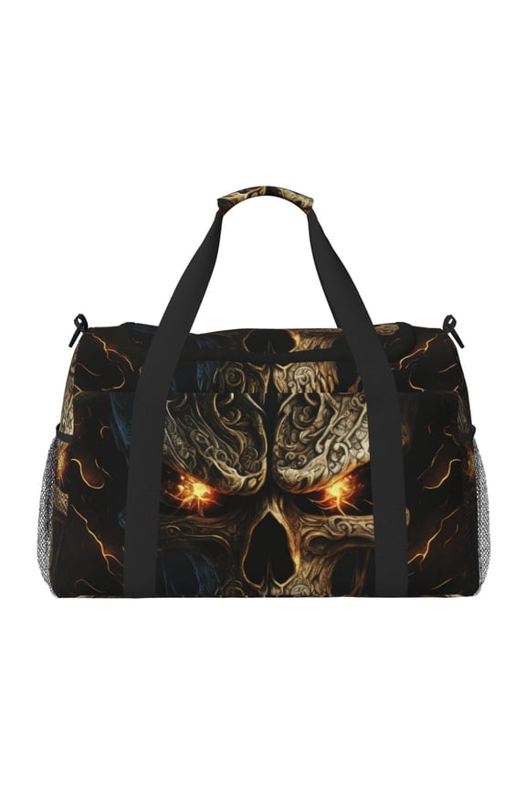 Metal Evil Skull Print Travel Duffle Bag,Weekender Bags for Women with Shoe Compartment, Gym Duffel Bag with Wet Pocket, Hospital Bags for Labor and Delivery