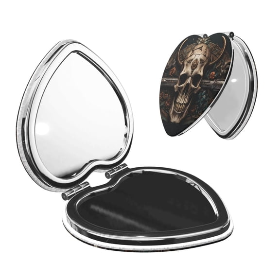 Picia Metal Style Horned Skull for Compact Vanity Mirror , Travel Makeup Mirror , Portable Magnifying Cosmetic Mirror for Daily, Work, Business-Heart Shape