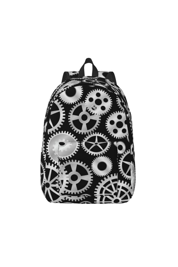 Metallic Gears Printed Canvas Daypack - Stylish and Durable Vintage Compact Backpack - Class, Work, Travel, or Laptop Bookbag,Organized Compartments-Medium