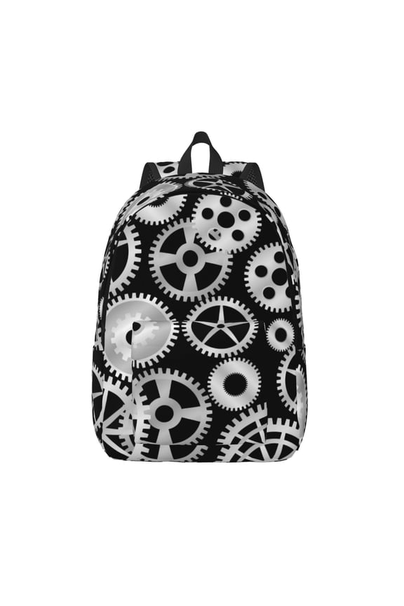 Metallic Gears Printed Canvas Daypack - Stylish and Durable Vintage Compact Backpack - Class, Work, Travel, or Laptop Bookbag,Organized Compartments-Small