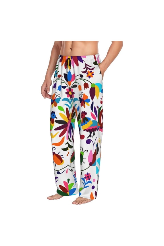 Mexican Bright Style Mens Soft Woven Cotton Elastic Waistband Sleep Pajama Pant Lounge Sleep Pant With Pockets And Drawstring-Small
