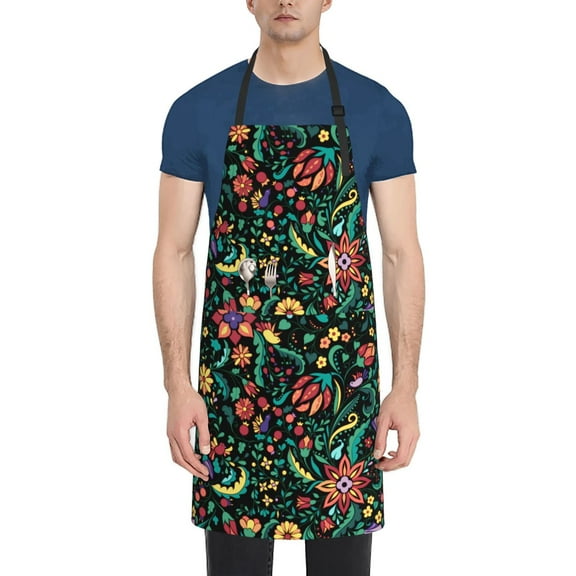 Picia Mexican Flower 1 Waterproof Apron for Unisex Adult - Adjustable Bib Apron with Pockets, Ideal for Cooking, Gardening, Painting, and Household Chores