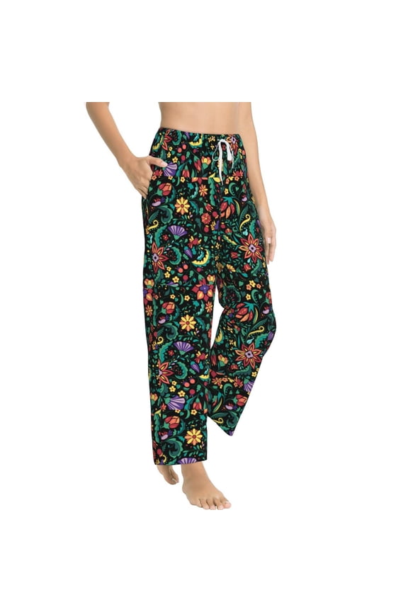 Mexican Flower 1 Womens Soft Woven Cotton Elastic Waistband Sleep Pajama Pant Lounge Sleep Pant With Pockets And Drawstring-Medium