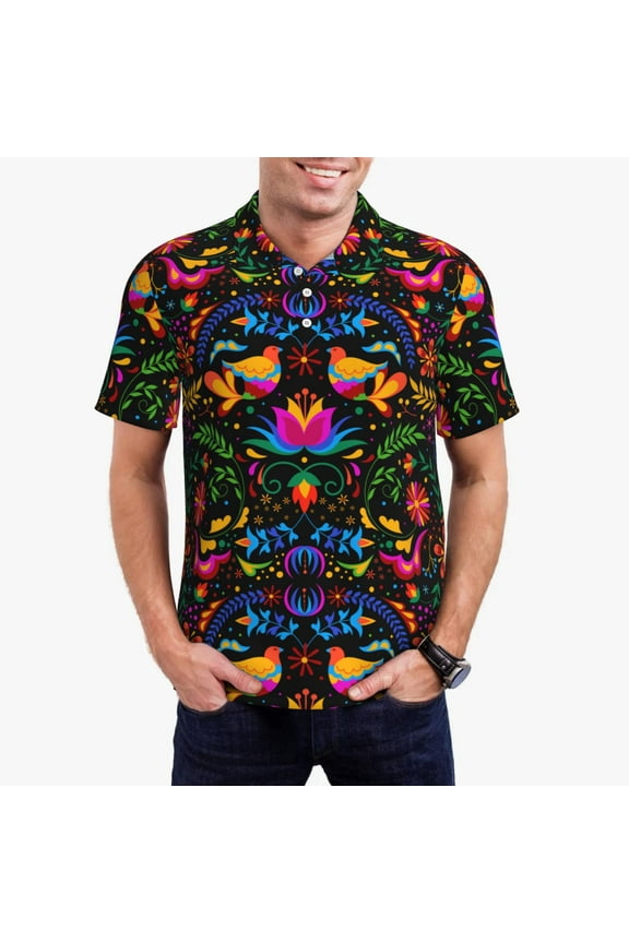 Mexican Flower Traditional1 Print Men's Polo Shirt, Two-Button Closure Pique Polo Shirt, Summer Fashion Golf Shirt-Small