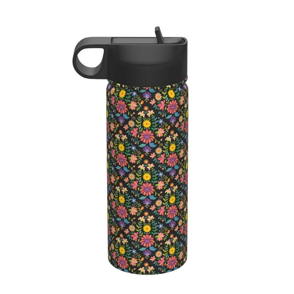 Picia Mexican Folk Art Floral Pattern 18oz Sports Insulated Kettle With Straw Insulated Water Bottle For Running Hiking Cycling Climbing Men'S Woman Insulated Water Bottle