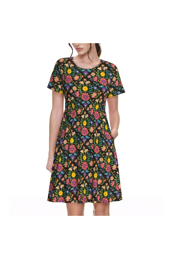 Mexican Folk Art Floral Pattern Women's Short Sleeve Summer Dress Pleated Loose Swing Knee Length Short Sleeve Swing Dresses