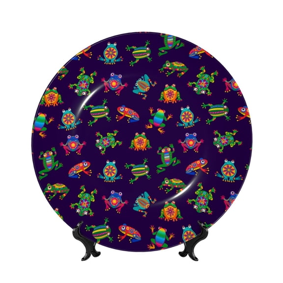 Picia Mexican Frogs Pattern Bone China Decorative Plate – Wall Decor with Stand and Adhesive, Elegant Ornament for Living Room, Office, or Entryway-8in