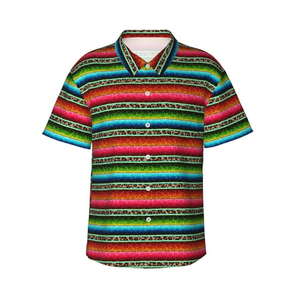 Picia Mexican Leopard Serape Blanket Stripes Pattern Men's Hawaiian Shirt – Soft Cotton Regular Fit Short Sleeve Shirt, Casual Beach Shirt for Summer, Vacation, and Outdoor Wear,Small