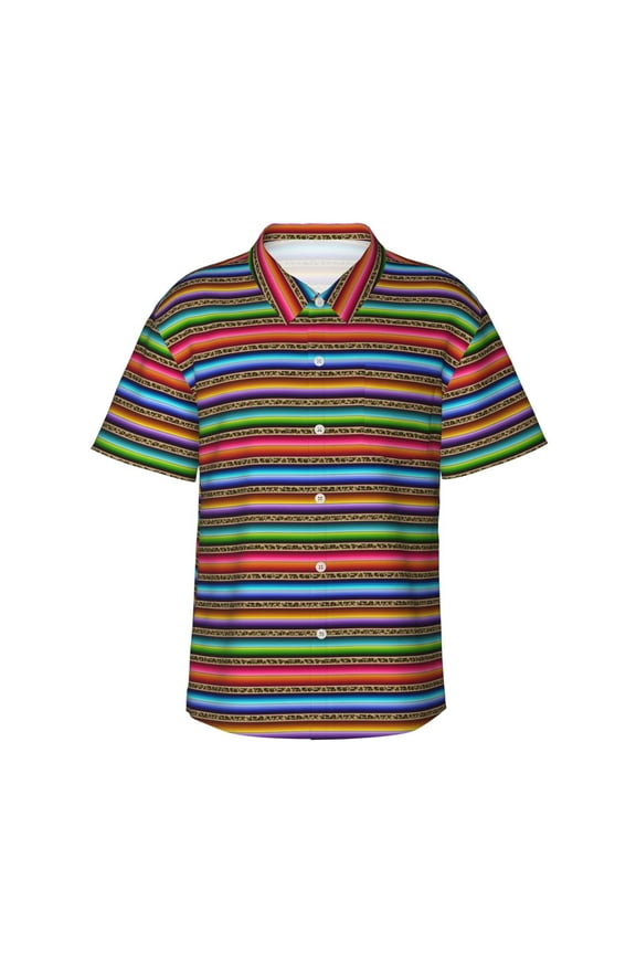 Mexican Leopard Serape Blanket Stripes Pattern Men's Hawaiian Shirt – Soft Cotton Regular Fit Short Sleeve Shirt, Casual Beach Shirt for Summer, Vacation, and Outdoor Wear,Medium