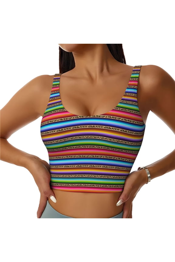 Mexican Leopard Serape Blanket Stripes Pattern Sports Bra for Women,Padded Strappy Sports Bras Medium Support Yoga Bra with Removable Cups,Running Yoga Bra-Large