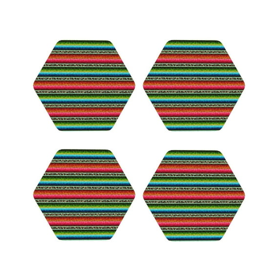 Picia Mexican Leopard Serape Blanket Stripes Printed Leather Coasters for Drinks, 4" Drink Coasters Set of 4 for Tabletop Protection, Handmade Luxurious Home Décor and Housewarming Gift-Hexagon