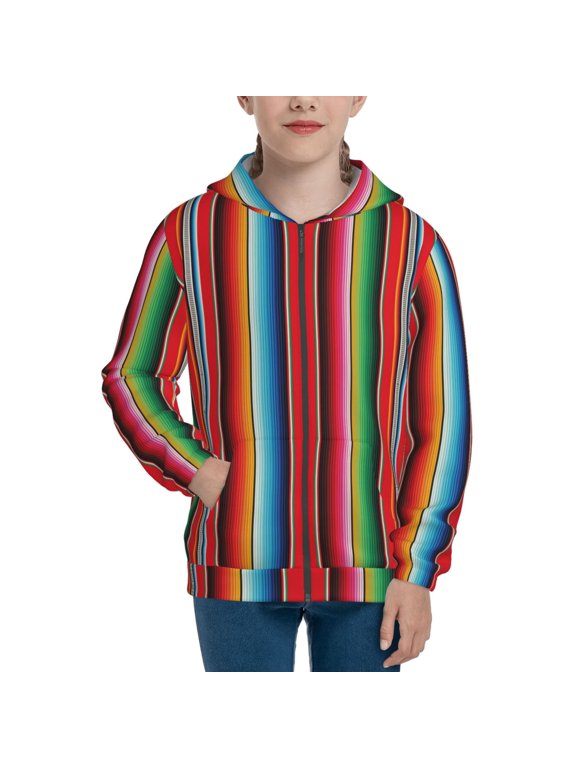 Mexican Serape Blanket Stripes for Boys Fashion Full-zip Hoodies & Sweatshirts with Kangaroo Pocket,Zip-up Hooded Sweatshirt for Kid, Moisture Wicking & Breathable-Small