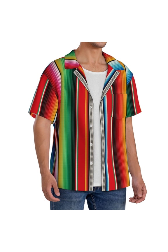 Mexican Serape Blanket Stripes Men's Linen Shirts Short Sleeve Cuban Beach Shirts Casual Shirts Button Down Shirt for Men Beach Summer Wedding Shirt-