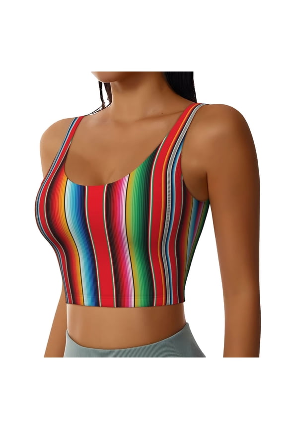 Mexican Serape Blanket Stripes Sports Bra for Women,Padded Strappy Sports Bras Medium Support Yoga Bra with Removable Cups,Running Yoga Bra-Large