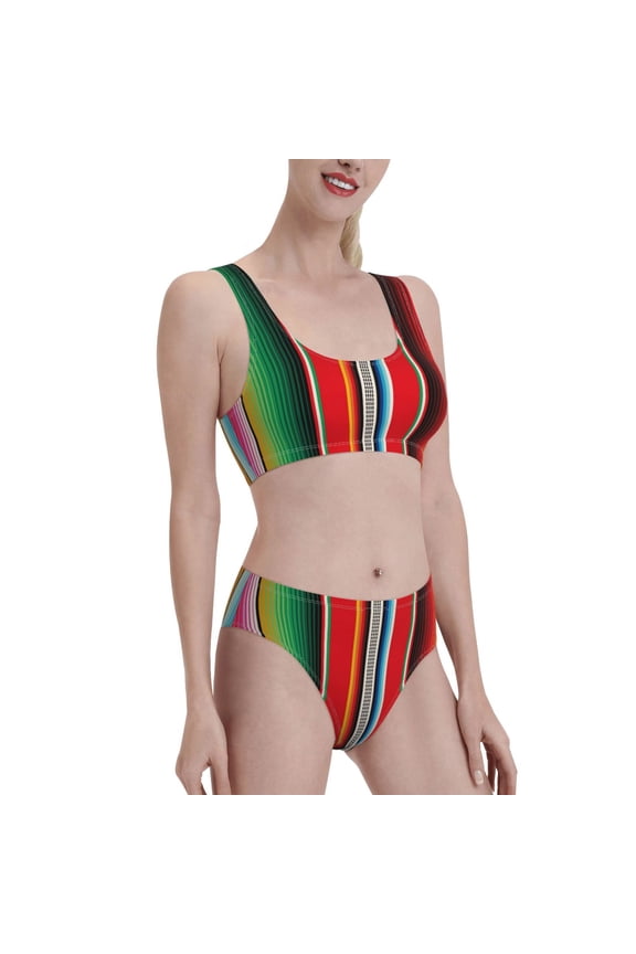 Mexican Serape Blanket Stripes Women's High Waisted Bikini Scoop Neck Swimsuit Two Pieces Bathing Suit-Medium