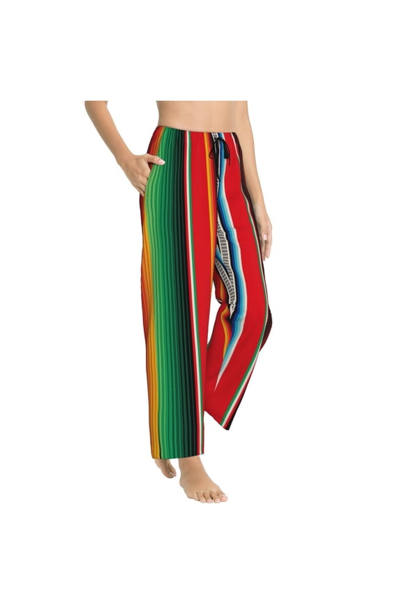 Mexican Serape Blanket Stripes Womens Soft Woven Cotton Elastic Waistband Sleep Pajama Pant Lounge Sleep Pant With Pockets And Drawstring-Small