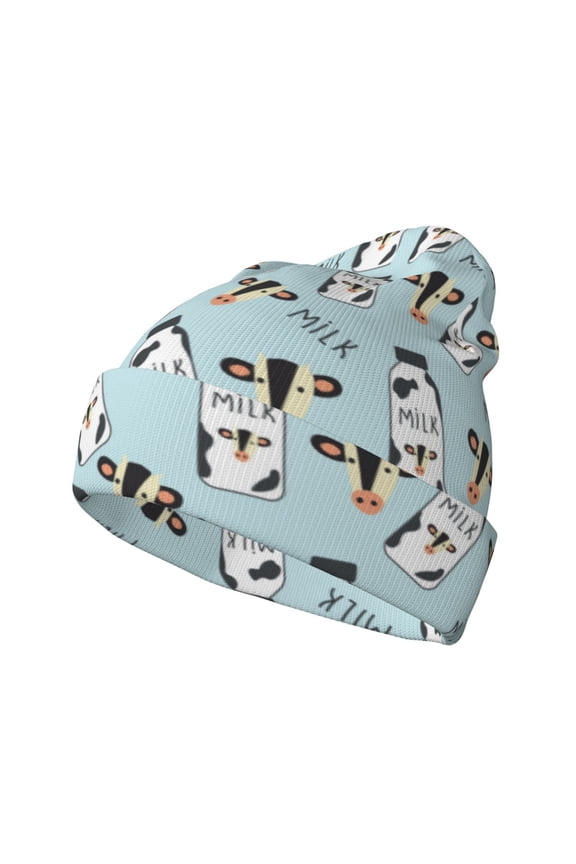 Milk Bottles And Cow Head Pattern Knitted Beanie Hat for Men and Women , Unisex Winter Warm Stretchy Knit Cap Thick Fisherman Beanies Cuffed Plain Skull Caps