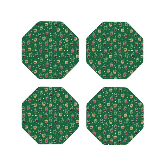 Picia Milk Tea Printed Leather Coasters for Drinks, 4" Drink Coasters Set of 4 for Tabletop Protection, Handmade Luxurious Home Décor and Housewarming Gift -Octagon