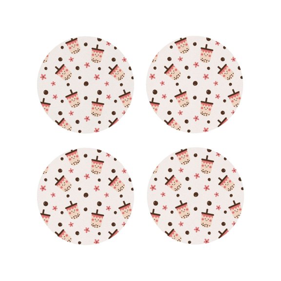 Picia Milk Tea Printed Leather Coasters for Drinks, 4" Drink Coasters Set of 4 for Tabletop Protection, Handmade Luxurious Home Décor and Housewarming Gift -Round Shape