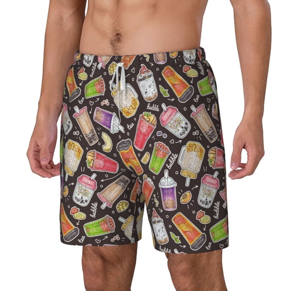 Picia Milk Tea pattern Mens Swim Trunks with Compression Liner Stretch Beach Shorts Quick Dry with Zipper Pockets No-Chafing Board Shorts-Large