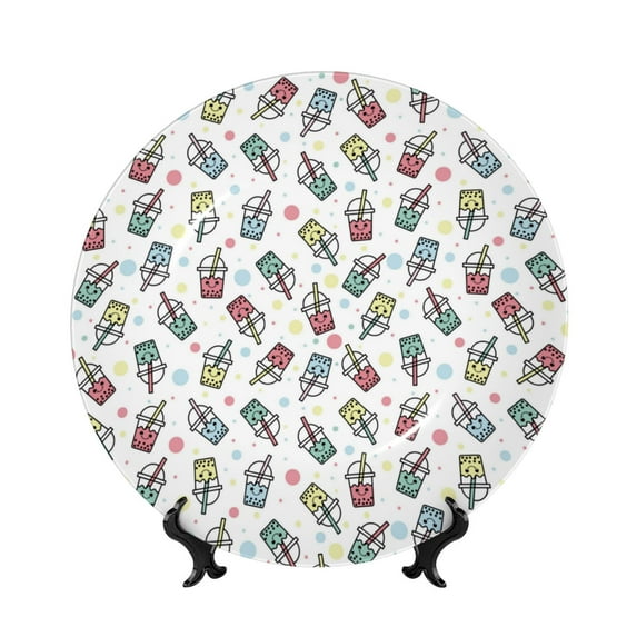 Picia Milk Tea2 Pattern Bone China Decorative Plate – Wall Decor with Stand and Adhesive, Elegant Ornament for Living Room, Office, or Entryway-8in