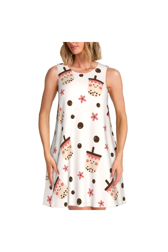 Milk Tea4 Print Women’s Sleeveless Midi Swing Dress – A-Line Pleated Tank Sundress, Comfortable and Flowy T-Shirt Dress