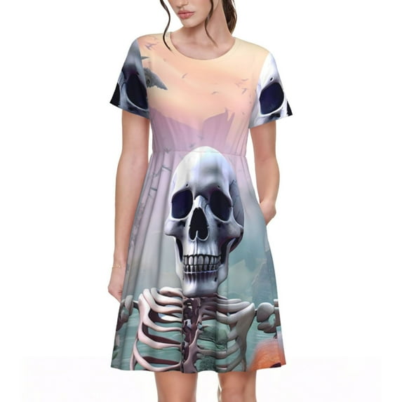 Picia Mist Sunflower Skull Pattern Women's Short Sleeve Summer Dress Pleated Loose Swing Knee Length Short Sleeve Swing Dresses