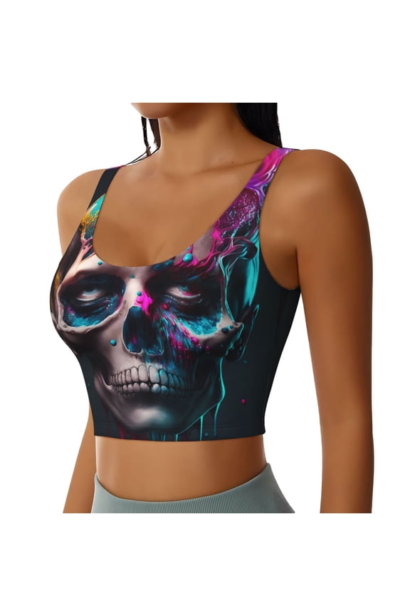Modern Abstract Colorful Skull B Sports Bra for Women,Padded Strappy Sports Bras Medium Support Yoga Bra with Removable Cups,Running Yoga Bra-XX-Large