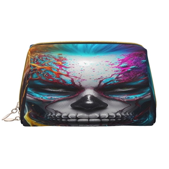 Picia Modern Abstract Colorful Skull Print Leather Makeup Bag Make Up Bag Travel Toiletry Bag for Her Girlfriend Teacher Teen Girl Gifts