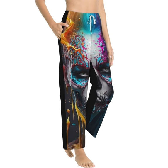 Picia Modern Abstract Colorful Skull Womens Soft Woven Cotton Elastic Waistband Sleep Pajama Pant Lounge Sleep Pant With Pockets And Drawstring-Medium