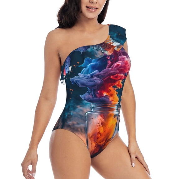 Picia Modern Art Red And Blue Colors Pattern Women's One Piece Swimsuits,One Shoulder Swimwear Asymmetric ,Ruffle Monokinis Bathing Suits,High Waisted Flattering Bathing Suits-Large