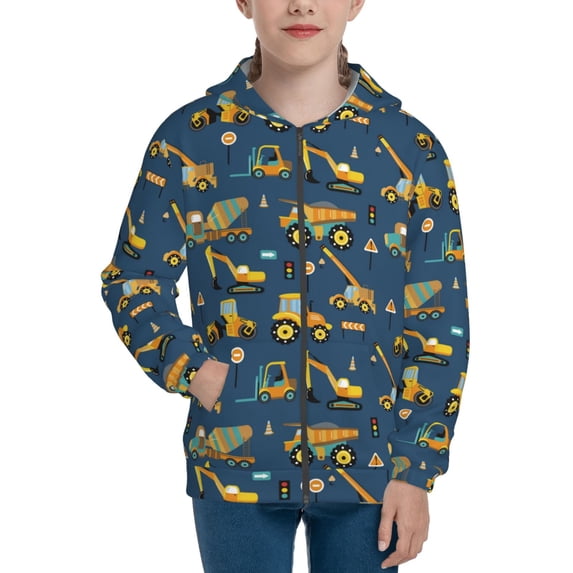 Picia Modern Excavator for Boys Fashion Full-zip Hoodies & Sweatshirts with Kangaroo Pocket,Zip-up Hooded Sweatshirt for Kid, Moisture Wicking & Breathable-Small