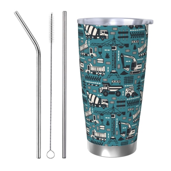 Picia Modern Excavator Pattern 20 oz Tumbler Stainless Steel Vacuum Insulated Coffee Ice Cup Double Wall Travel Flask Dual Lid Water Bottle, Eco-friendly Car Cup-Straw Three-piece Set