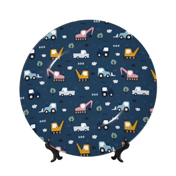 Picia Modern Modern Excavator Pattern Bone China Decorative Plate – Wall Decor with Stand and Adhesive, Elegant Ornament for Living Room, Office, or Entryway-10in